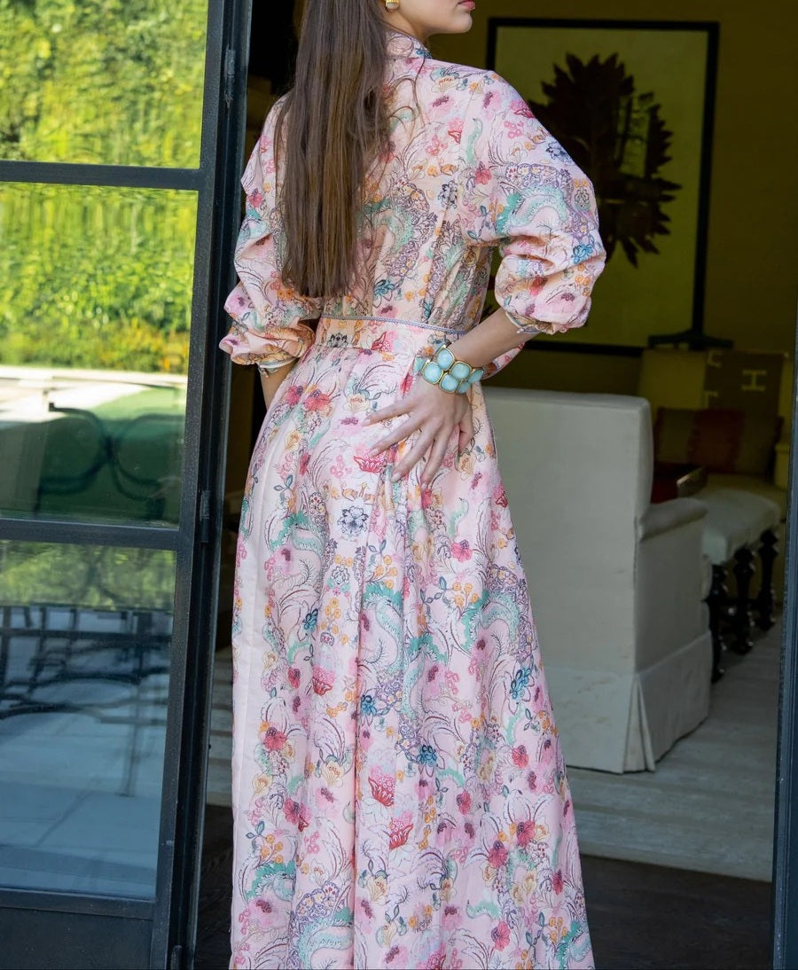 Pink Floral Print Button-Front Maxi Shirt Dress with Tassel Belt