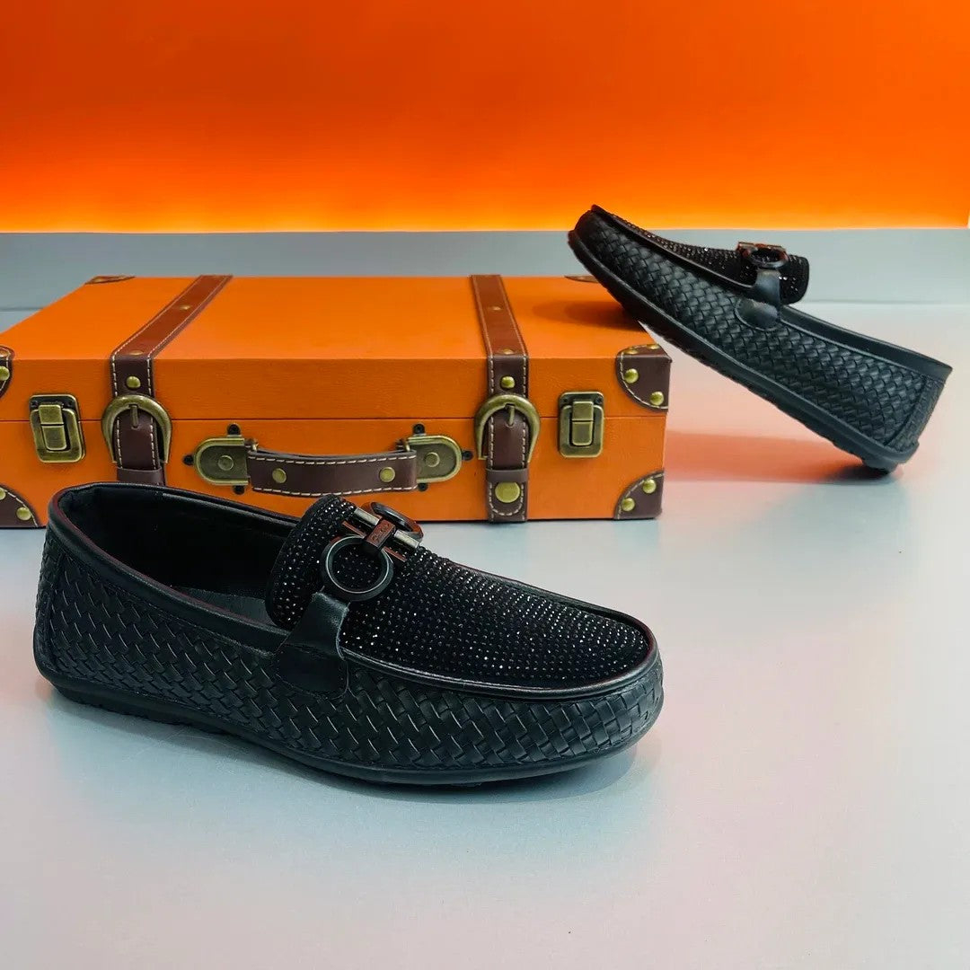 Luxury Woven Slip-On Loafers with Rhinestones