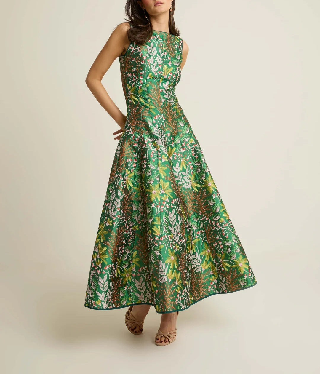 Floral Jacquard Fit-and-Flare Evening Maxi Dress