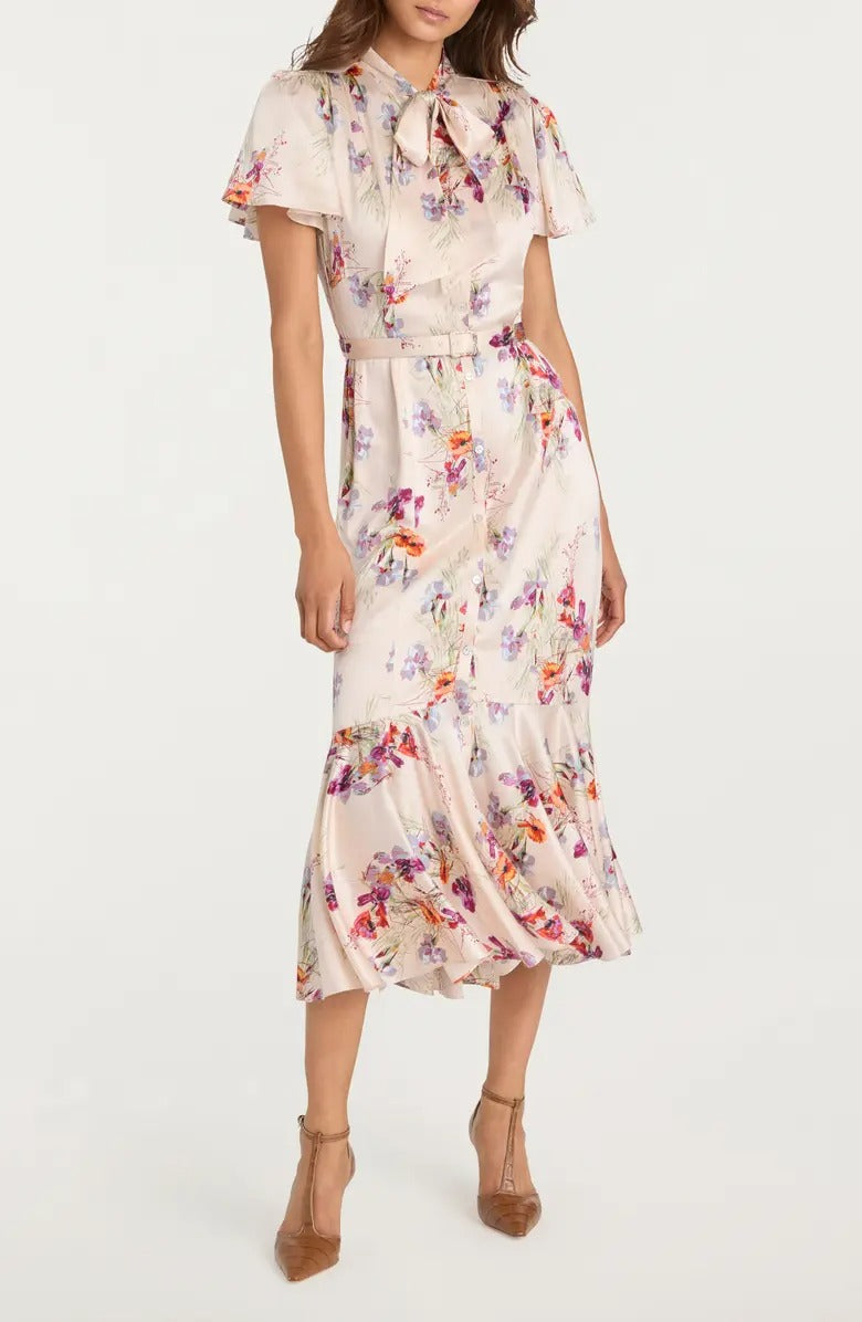 Satin Floral Ruffle Hem Shirt Dress with Waist Belt