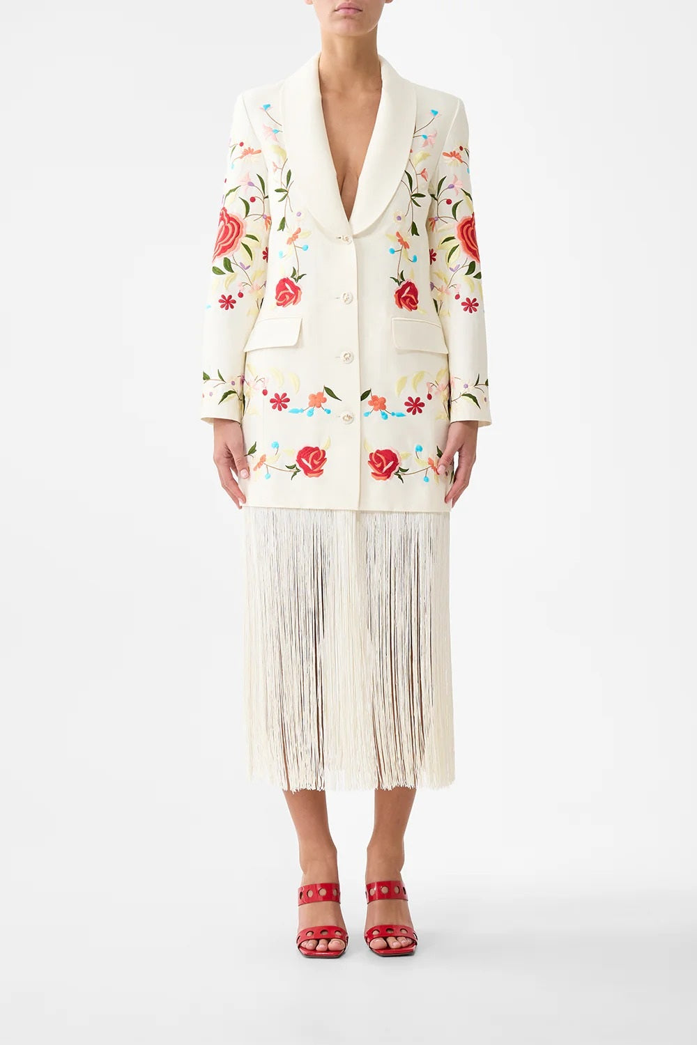 Ivory Floral Embroidered Fringe Blazer Dress