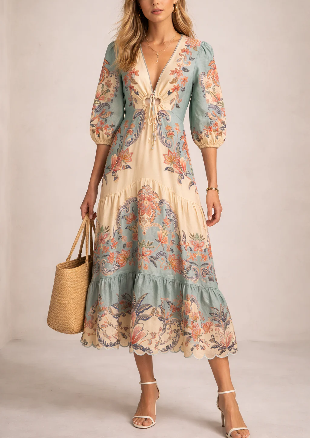 Sage Paisley Tiered Midi Dress