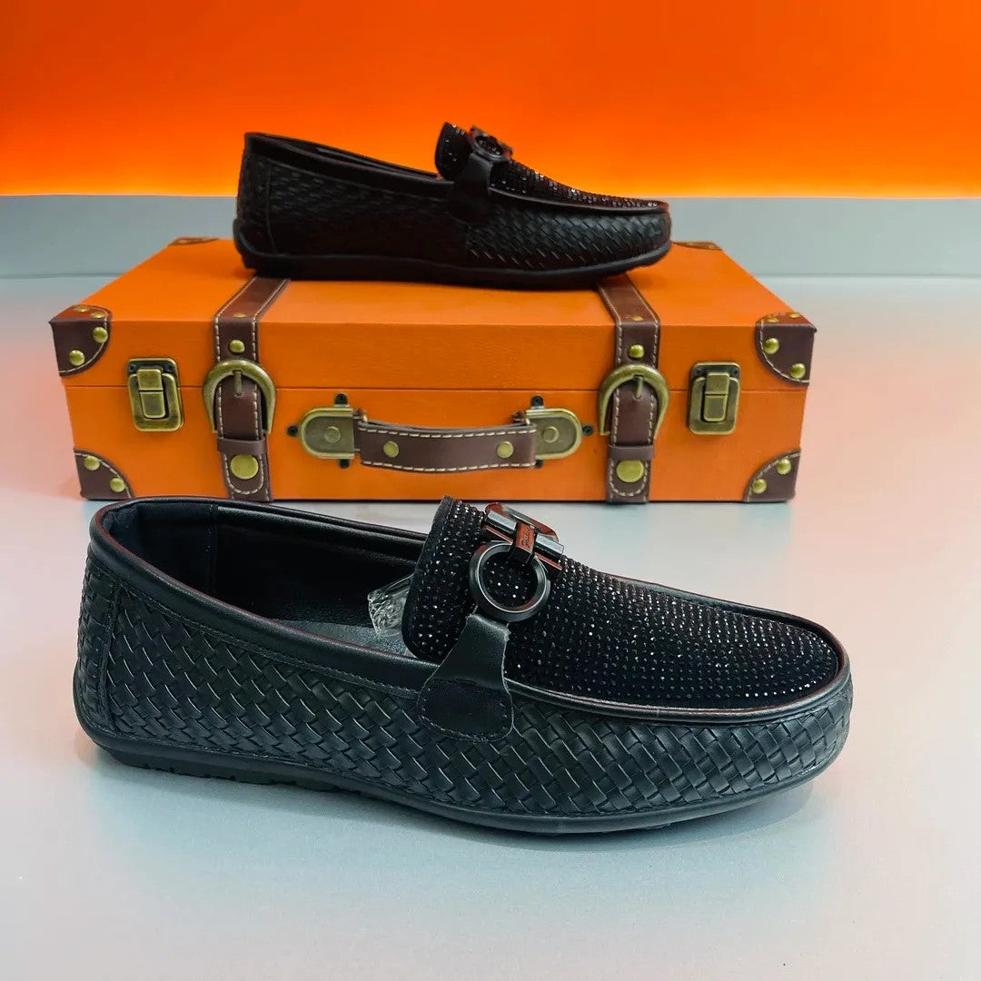 Luxury Woven Slip-On Loafers with Rhinestones