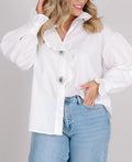 White Ruffle Button Down Shirt with Rhinestone Buttons