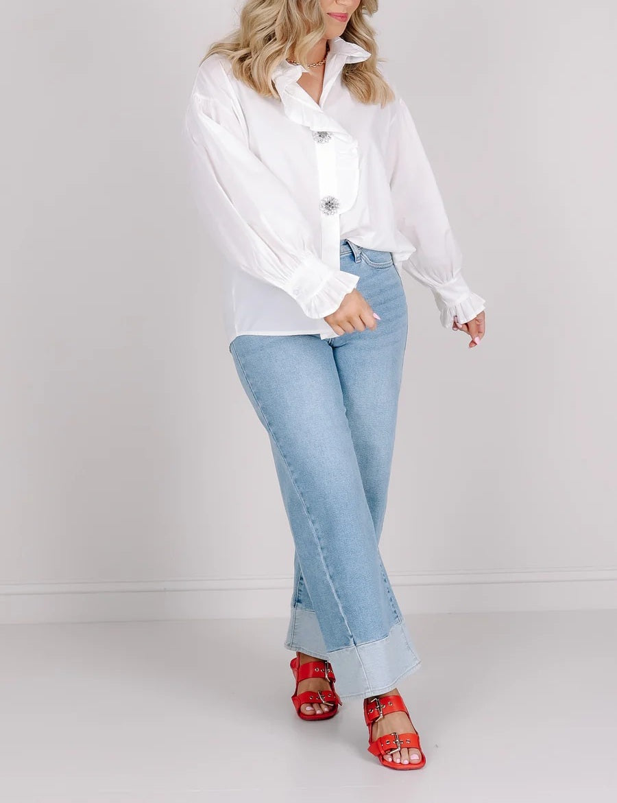 White Ruffle Button Down Shirt with Rhinestone Buttons