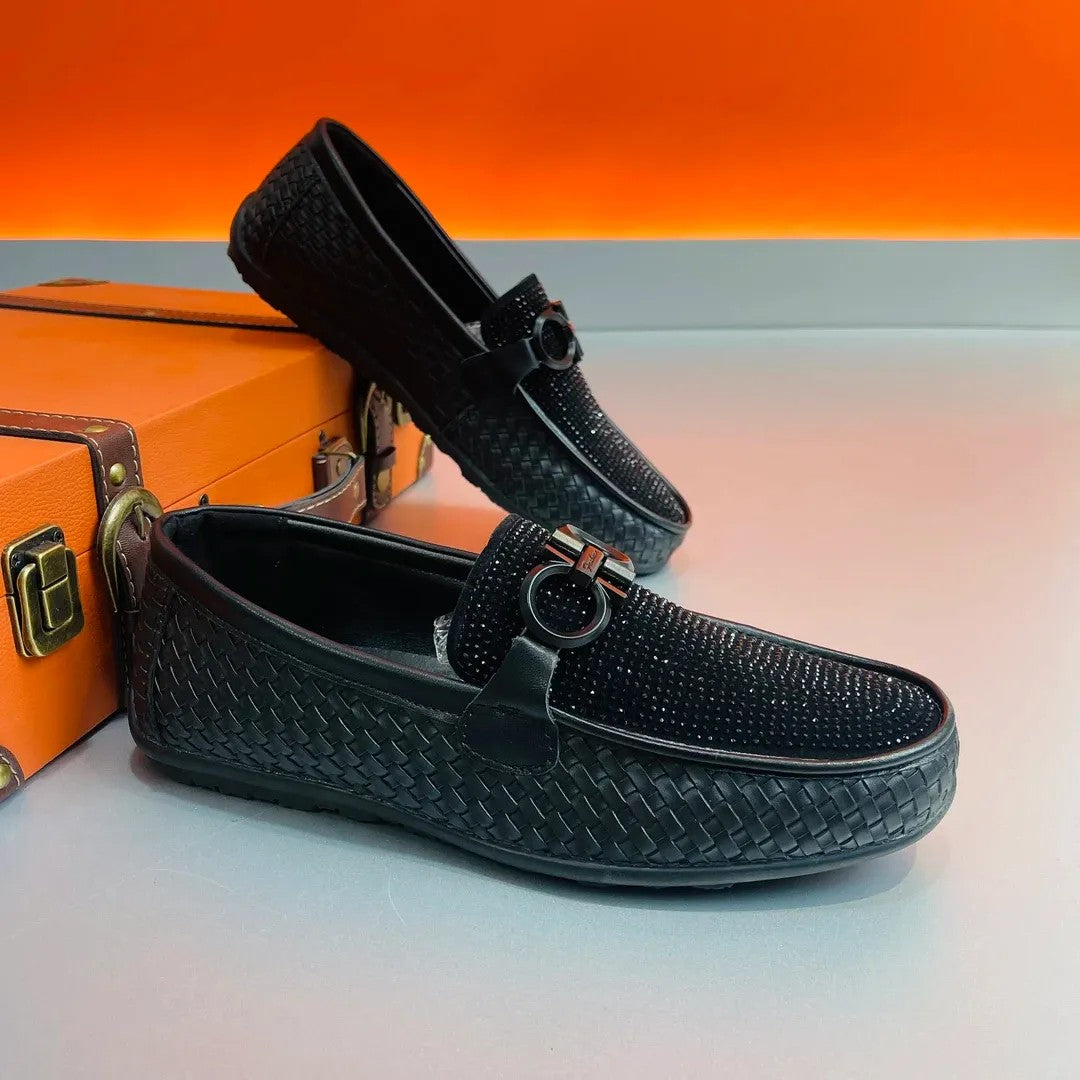 Luxury Woven Slip-On Loafers with Rhinestones