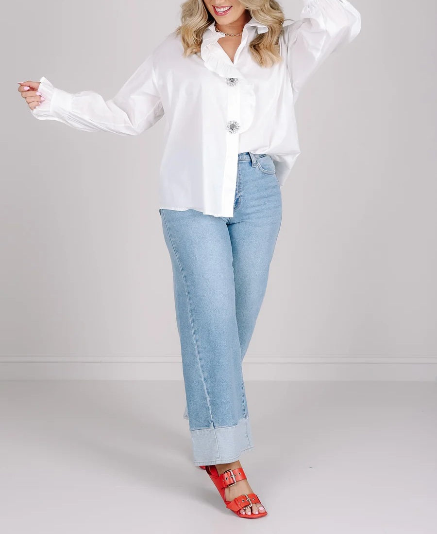 White Ruffle Button Down Shirt with Rhinestone Buttons