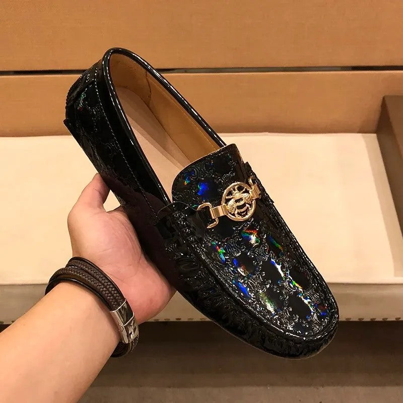 Men’s Black Patent Leather Bee Buckle Driving Loafers