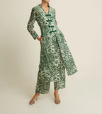Emerald Blossom Velvet Burnout Kimono Coat & Wide Leg Pants Set