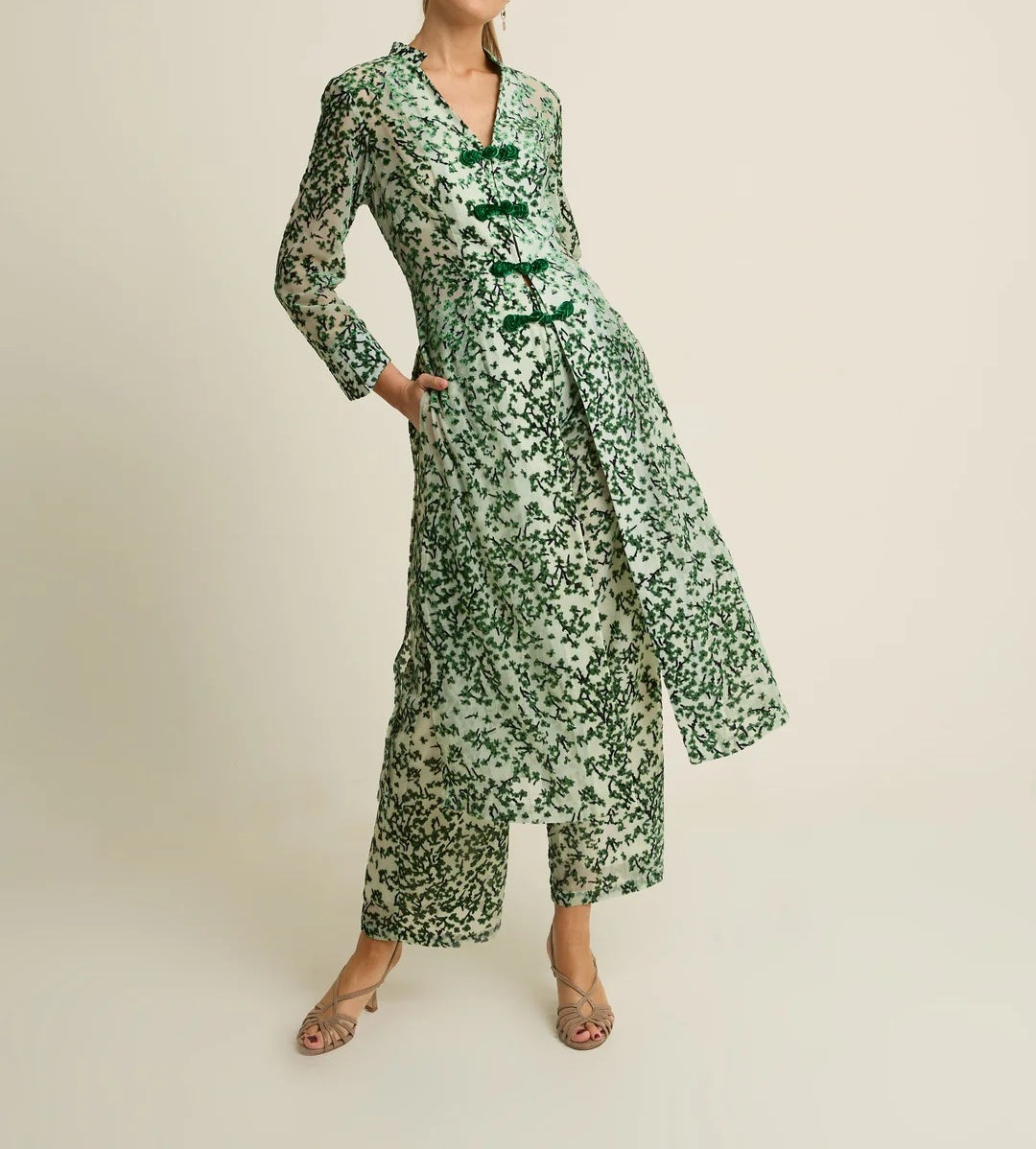 Emerald Blossom Velvet Burnout Kimono Coat & Wide Leg Pants Set