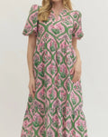 Pink Green Floral Print Tiered Midi Dress