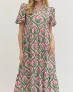 Pink Green Floral Print Tiered Midi Dress