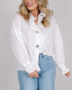 White Ruffle Button Down Shirt with Rhinestone Buttons