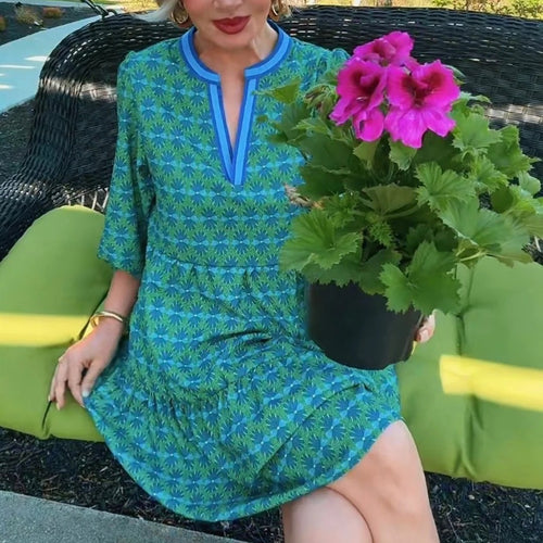 3/4 Sleeve Printed Tiered Cotton Dress with V-Neck