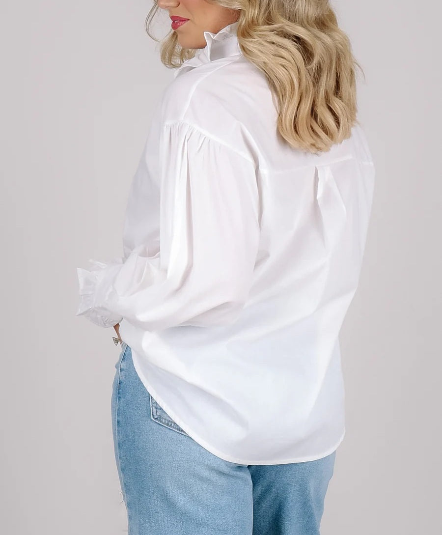 White Ruffle Button Down Shirt with Rhinestone Buttons