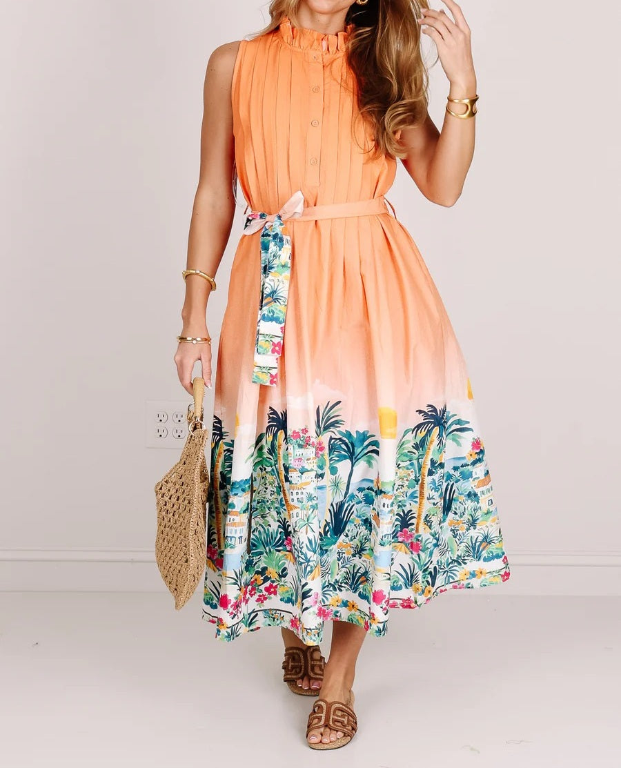 Sunset Tropics Belted Midi Dress