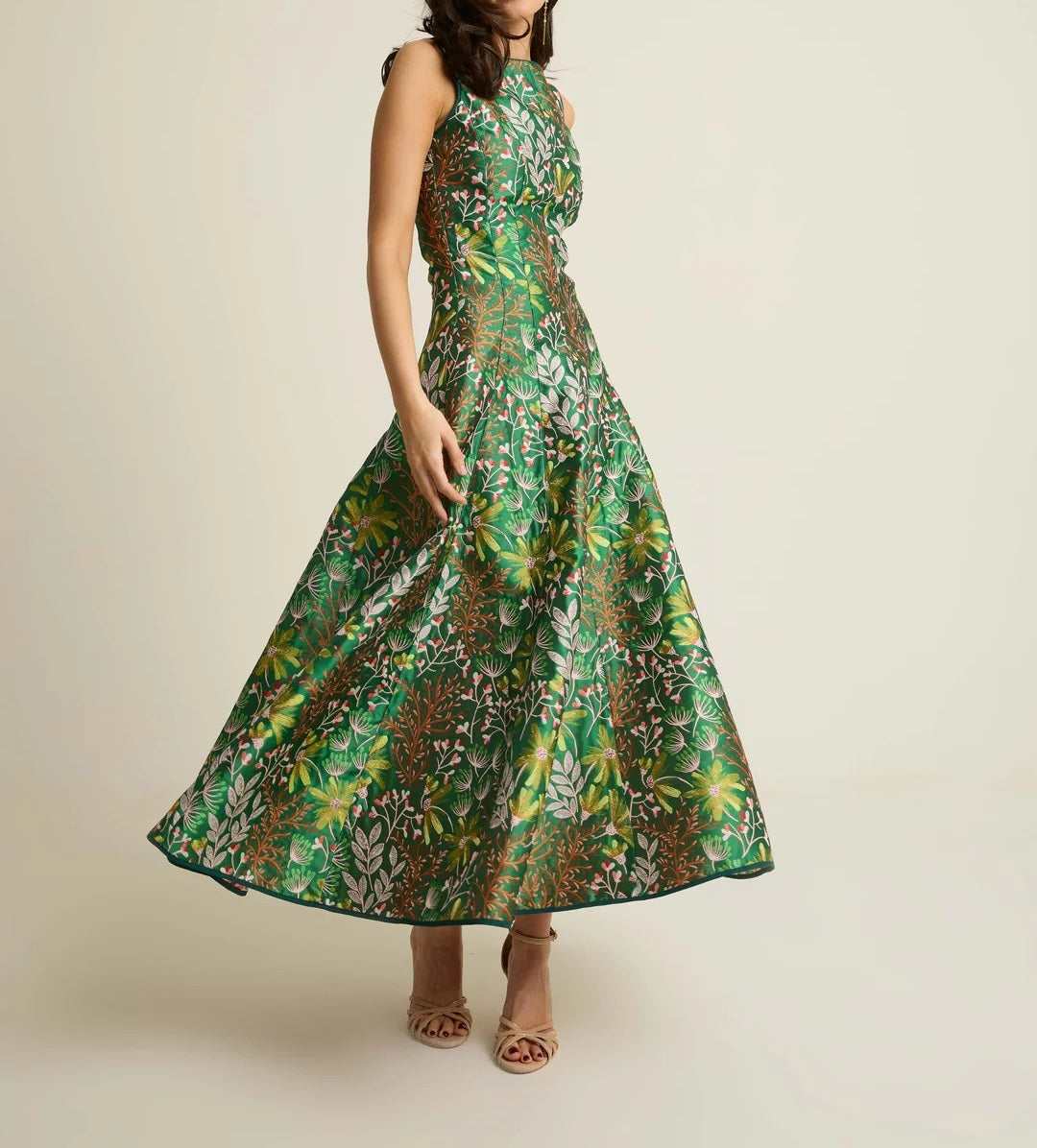 Floral Jacquard Fit-and-Flare Evening Maxi Dress