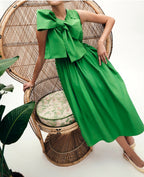 Green Sleeveless Bow Front Smocked Waist Midi Dress