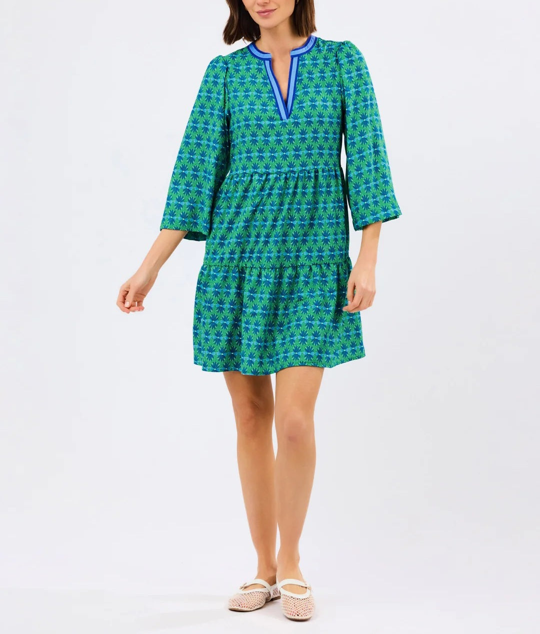 3/4 Sleeve Printed Tiered Cotton Dress with V-Neck