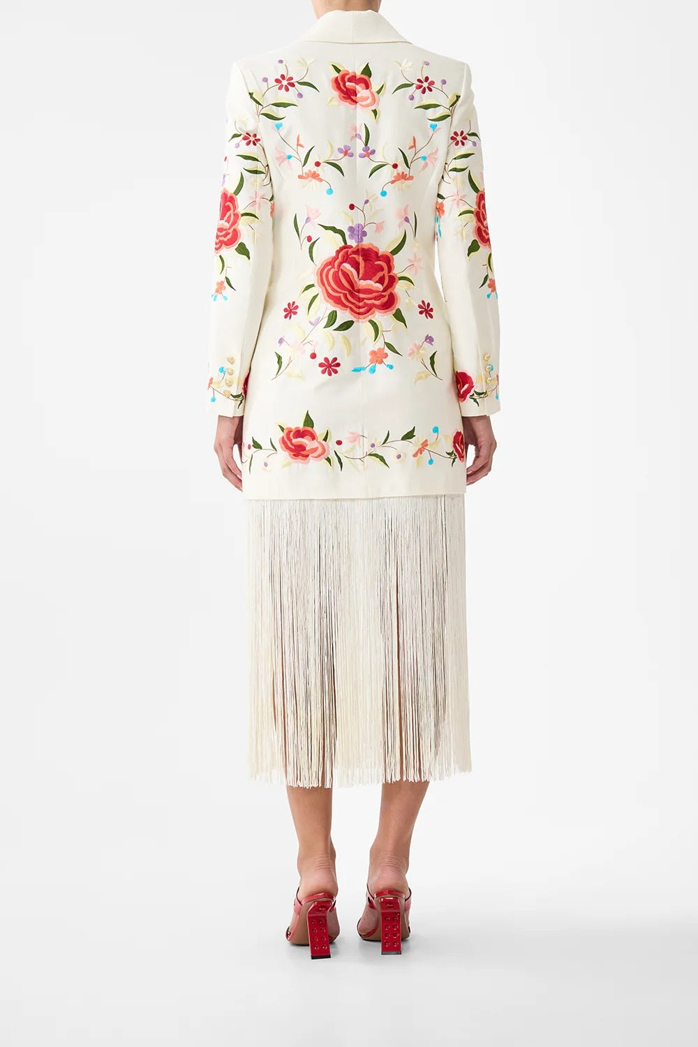 Ivory Floral Embroidered Fringe Blazer Dress