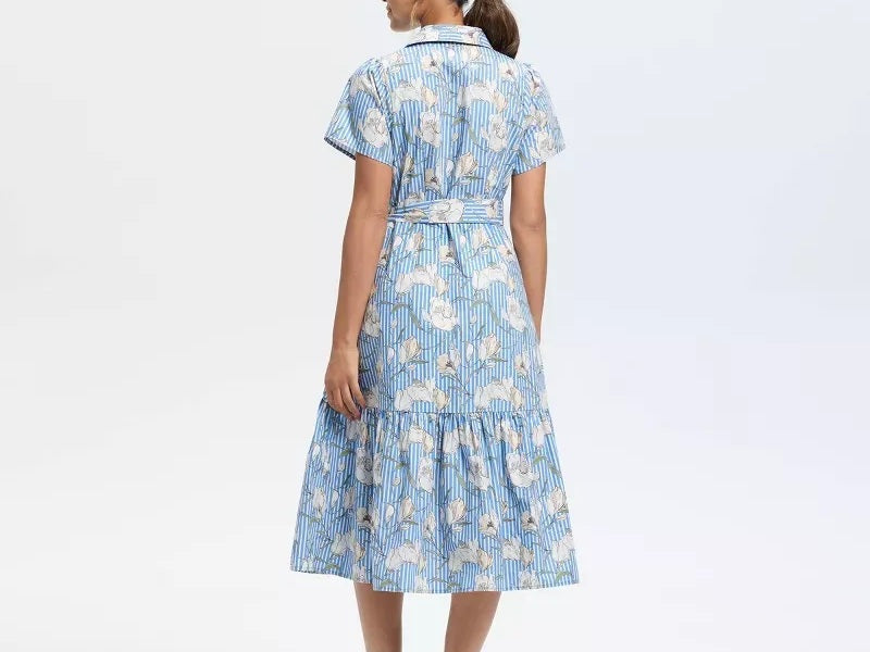 Blue & White Stripe Floral Belted Tiered Midi Shirt Dress