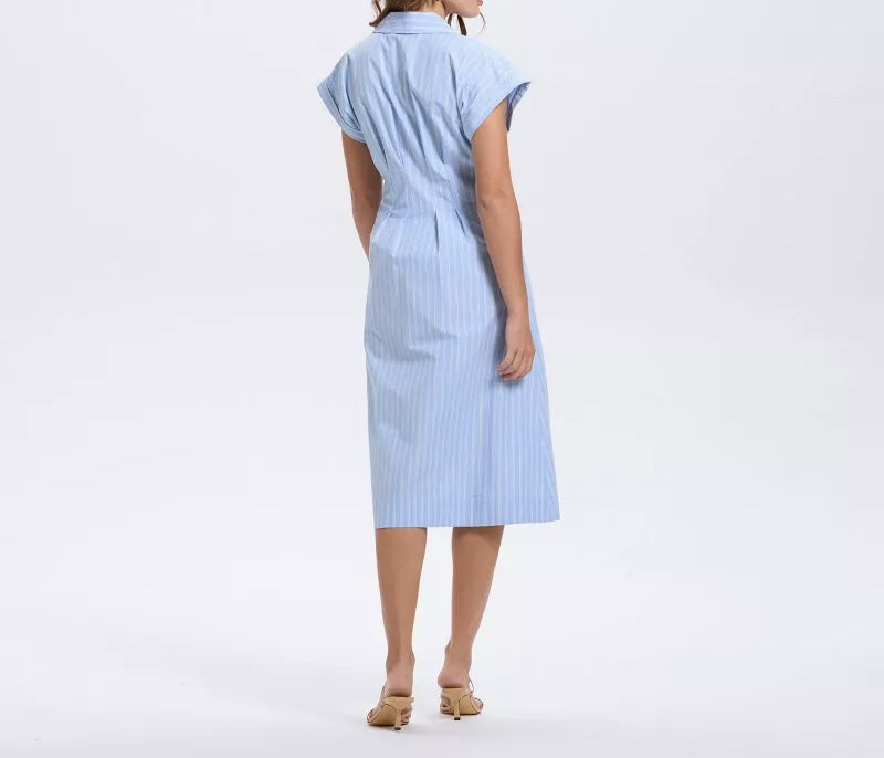 Blue & White Stripe Ruched Waist Cap Sleeve Midi Dress