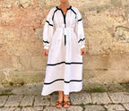 Navy & White Trimmed Linen Blend Vacation Dress