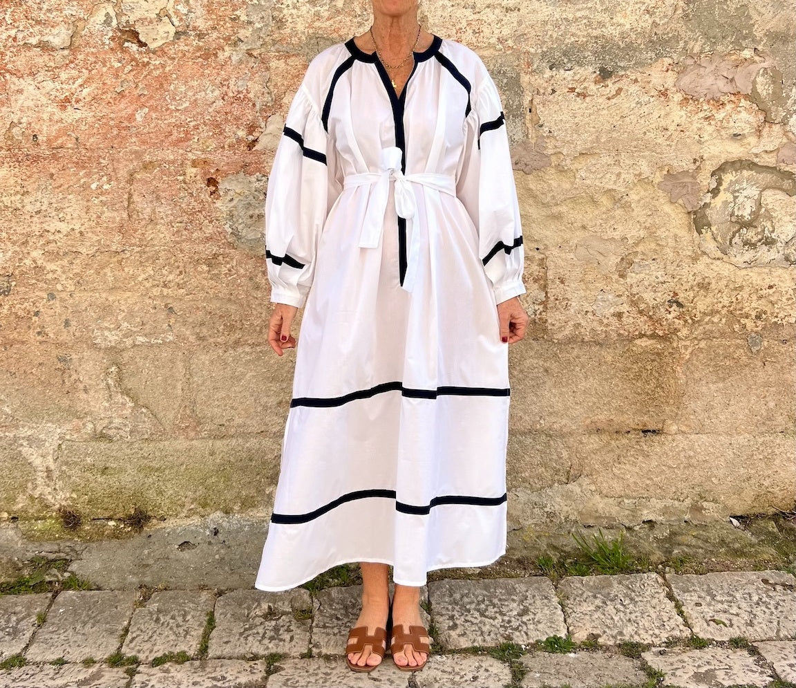 Navy & White Trimmed Linen Blend Vacation Dress