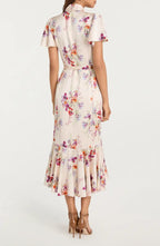 Satin Floral Ruffle Hem Shirt Dress with Waist Belt