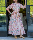 Pink Floral Print Button-Front Maxi Shirt Dress with Tassel Belt