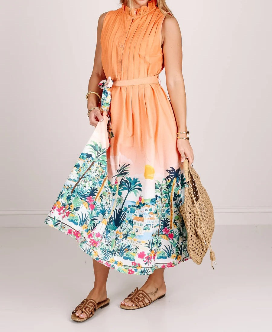Sunset Tropics Belted Midi Dress