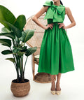 Green Sleeveless Bow Front Smocked Waist Midi Dress