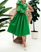 Green Sleeveless Bow Front Smocked Waist Midi Dress