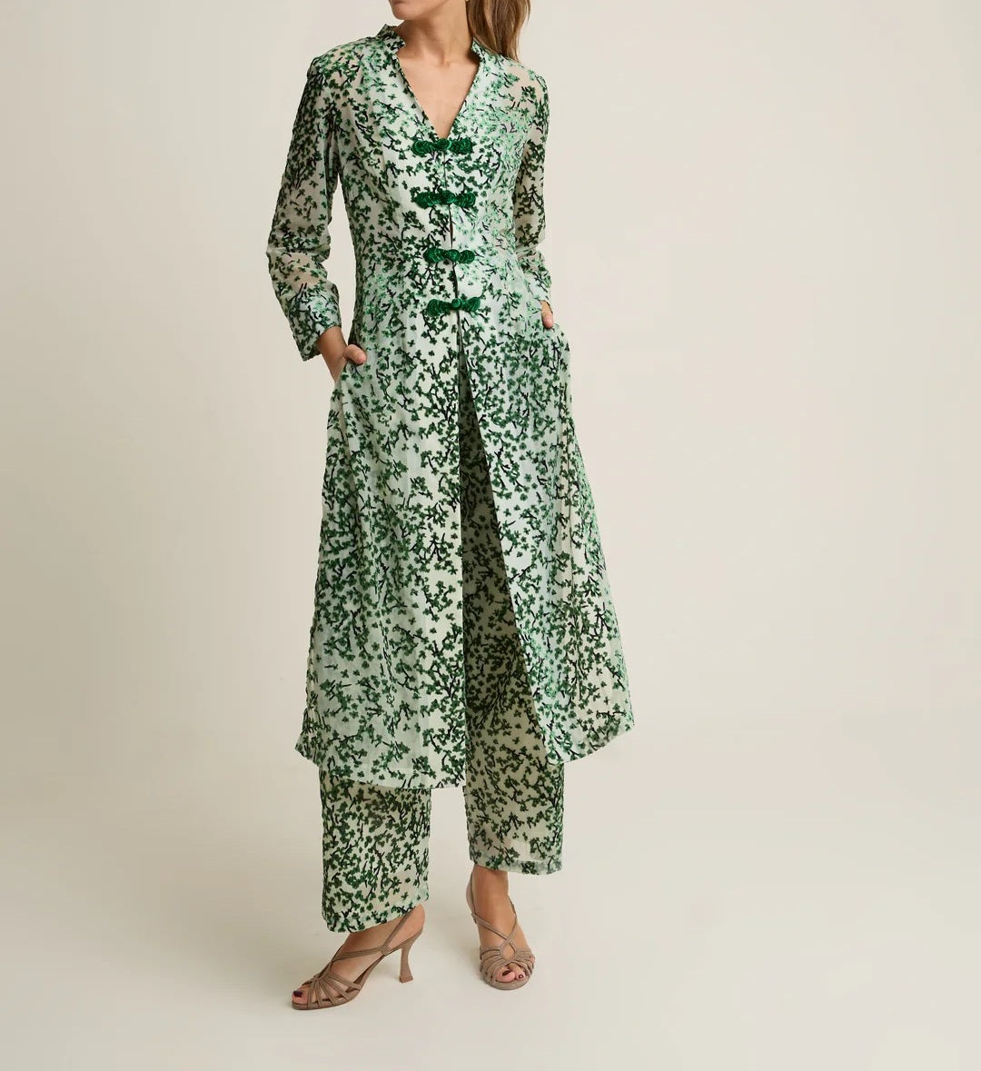 Emerald Blossom Velvet Burnout Kimono Coat & Wide Leg Pants Set