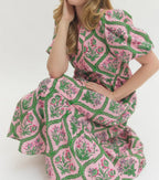 Pink Green Floral Print Tiered Midi Dress