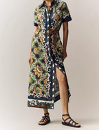 Bohemian Sunflower Print Linen Button-Down Maxi Shirtdress