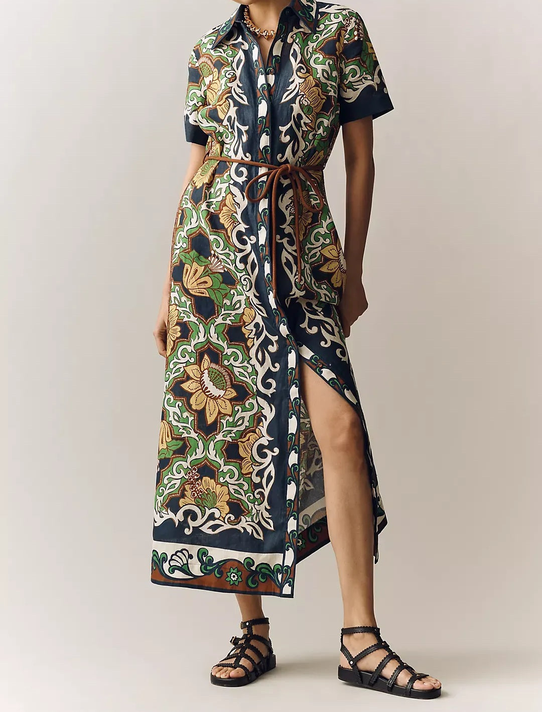Bohemian Sunflower Print Linen Button-Down Maxi Shirtdress