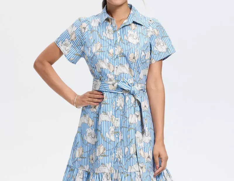 Blue & White Stripe Floral Belted Tiered Midi Shirt Dress