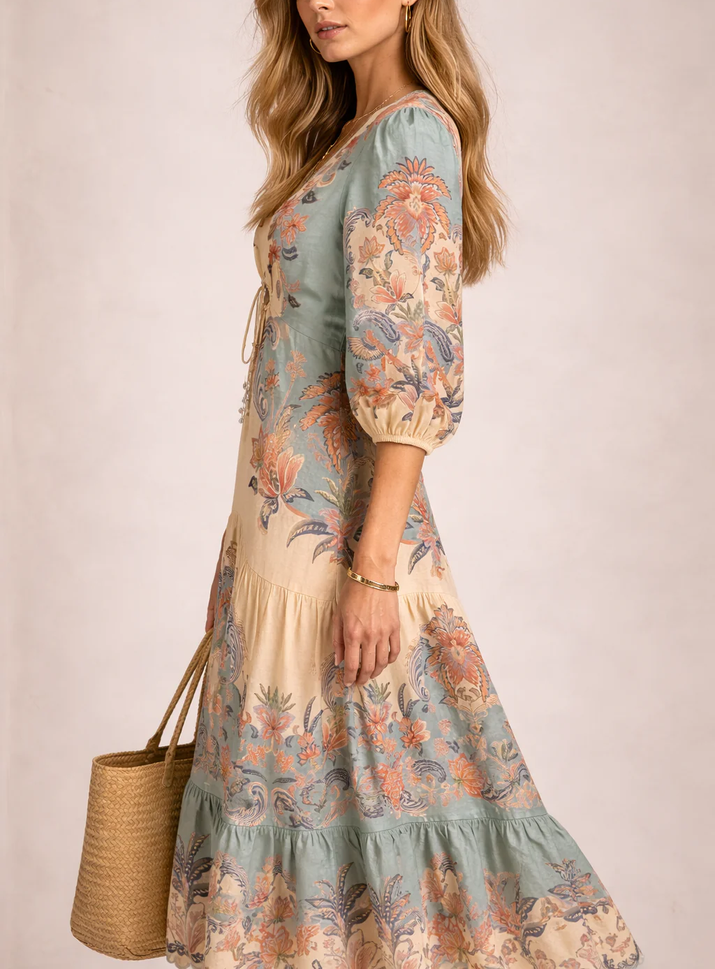 Sage Paisley Tiered Midi Dress