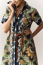 Bohemian Sunflower Print Linen Button-Down Maxi Shirtdress
