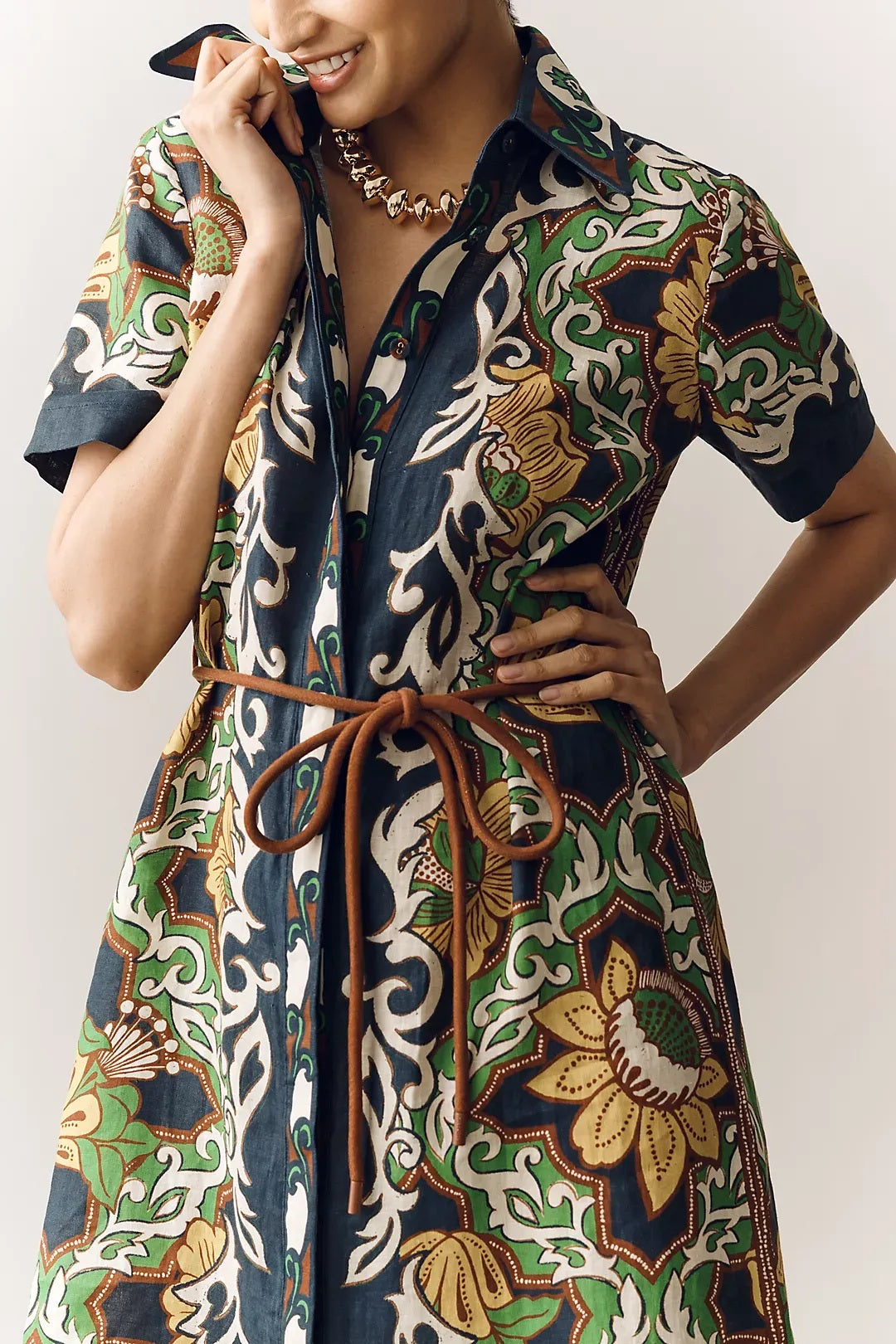 Bohemian Sunflower Print Linen Button-Down Maxi Shirtdress