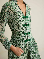Emerald Blossom Velvet Burnout Kimono Coat & Wide Leg Pants Set