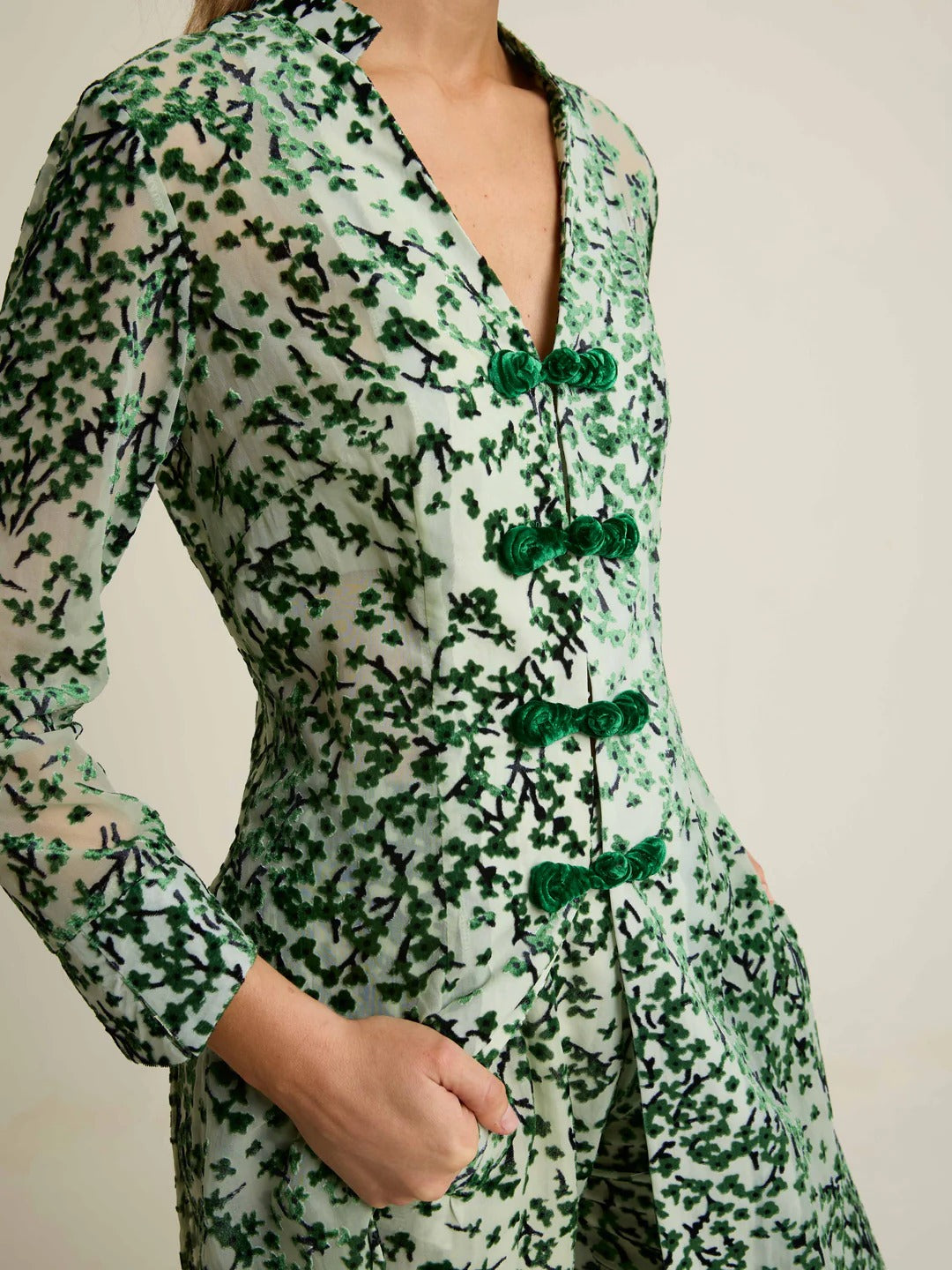 Emerald Blossom Velvet Burnout Kimono Coat & Wide Leg Pants Set