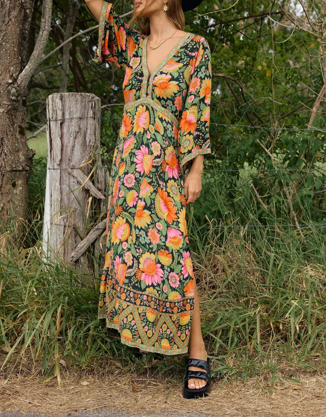 Vintage Floral V-Neck Empire Waist Maxi Dress