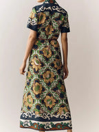 Bohemian Sunflower Print Linen Button-Down Maxi Shirtdress