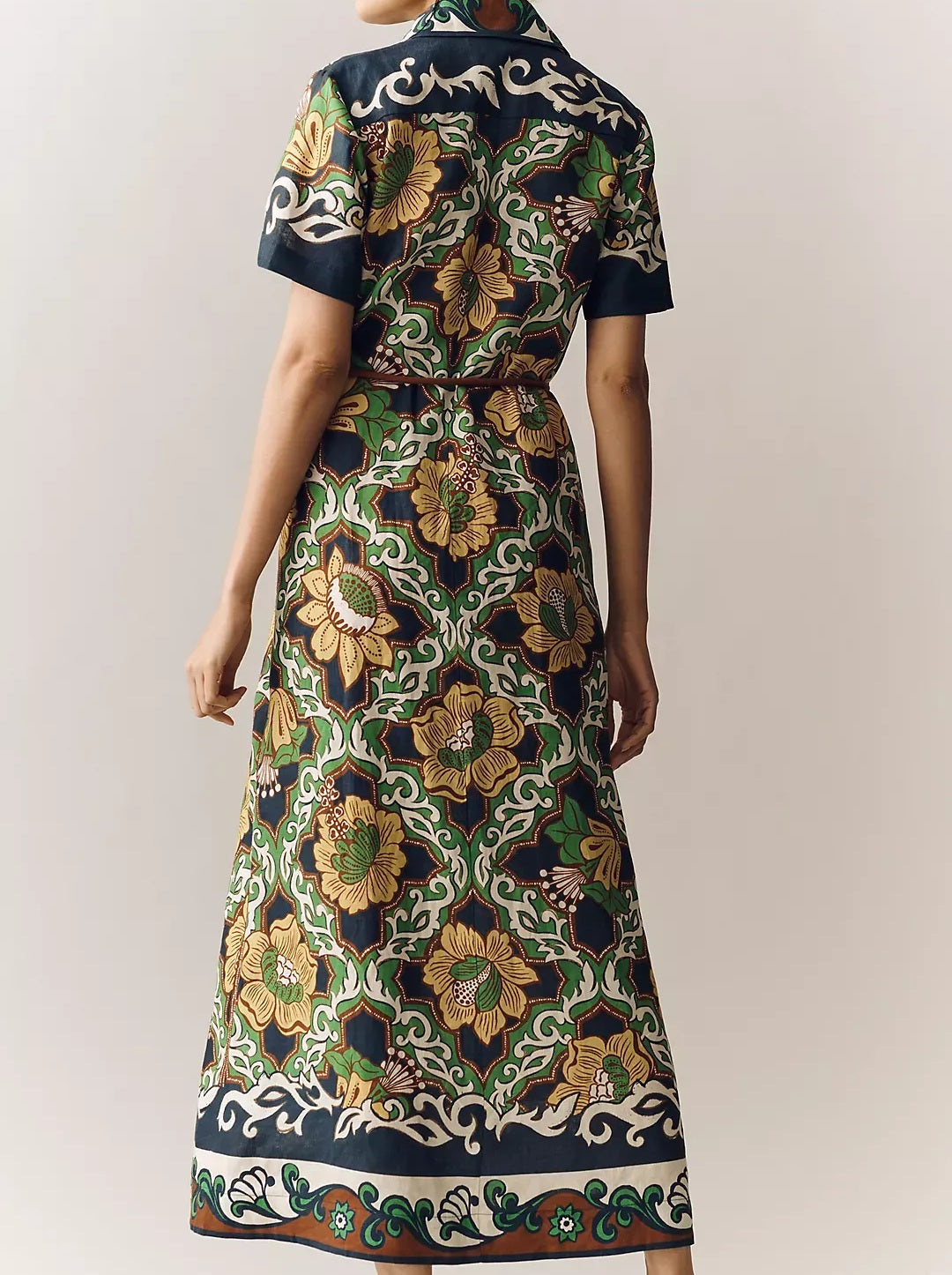 Bohemian Sunflower Print Linen Button-Down Maxi Shirtdress