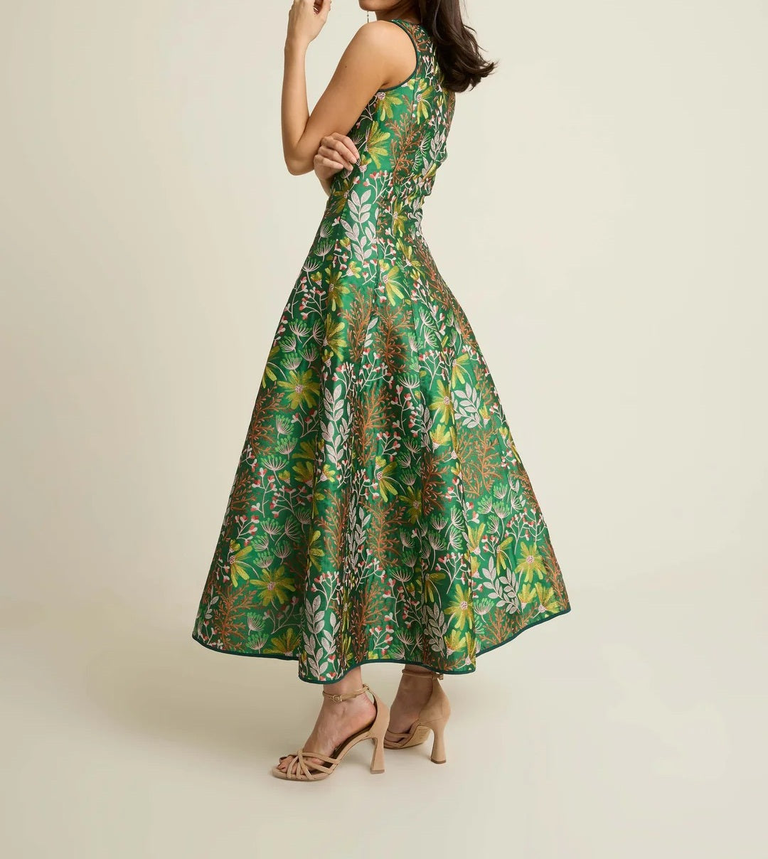 Floral Jacquard Fit-and-Flare Evening Maxi Dress
