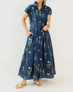 Navy Botanical Floral Midi Shirt Dress