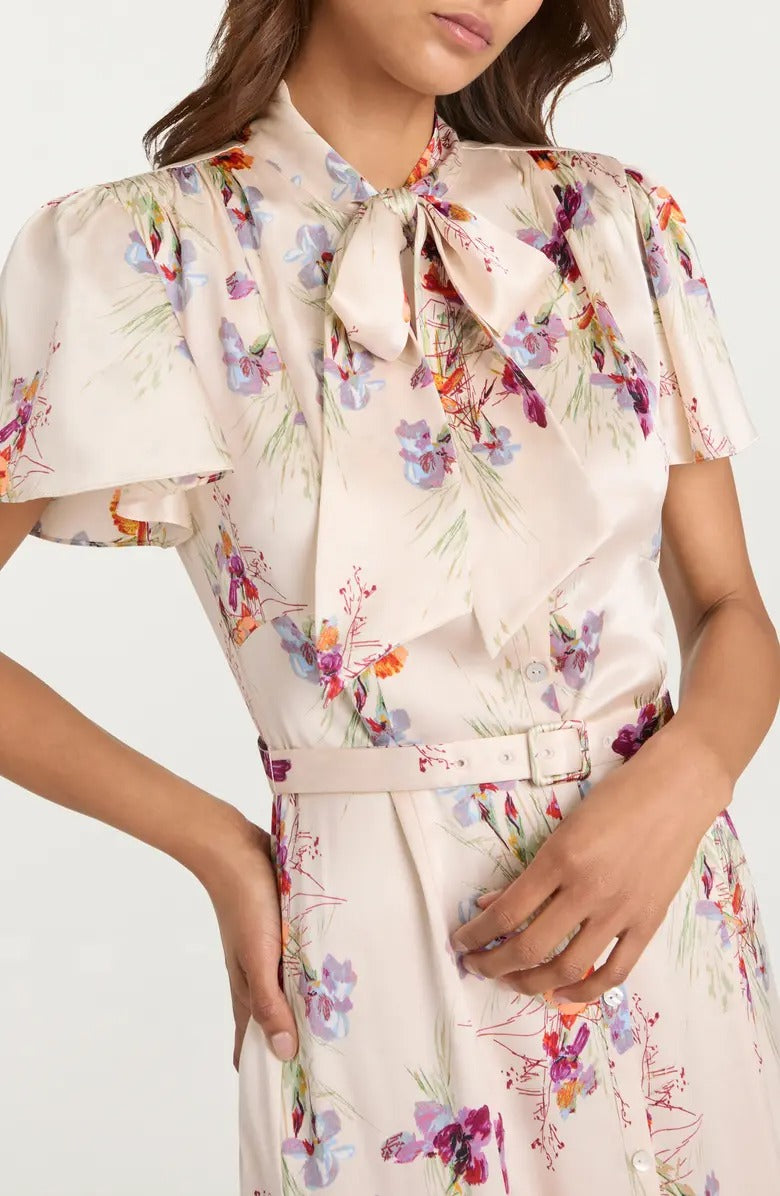 Satin Floral Ruffle Hem Shirt Dress with Waist Belt