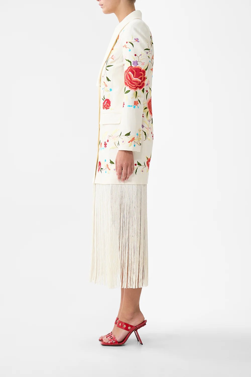 Ivory Floral Embroidered Fringe Blazer Dress
